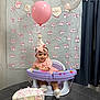 Sofía joined the competition — help win amazing prizes! baby, birthday, balloon, cake, pink, bow, celebration, table, curtain, headband, smile, infantino_seat, socks, toy, decoration, party, indoor, person, child, festive