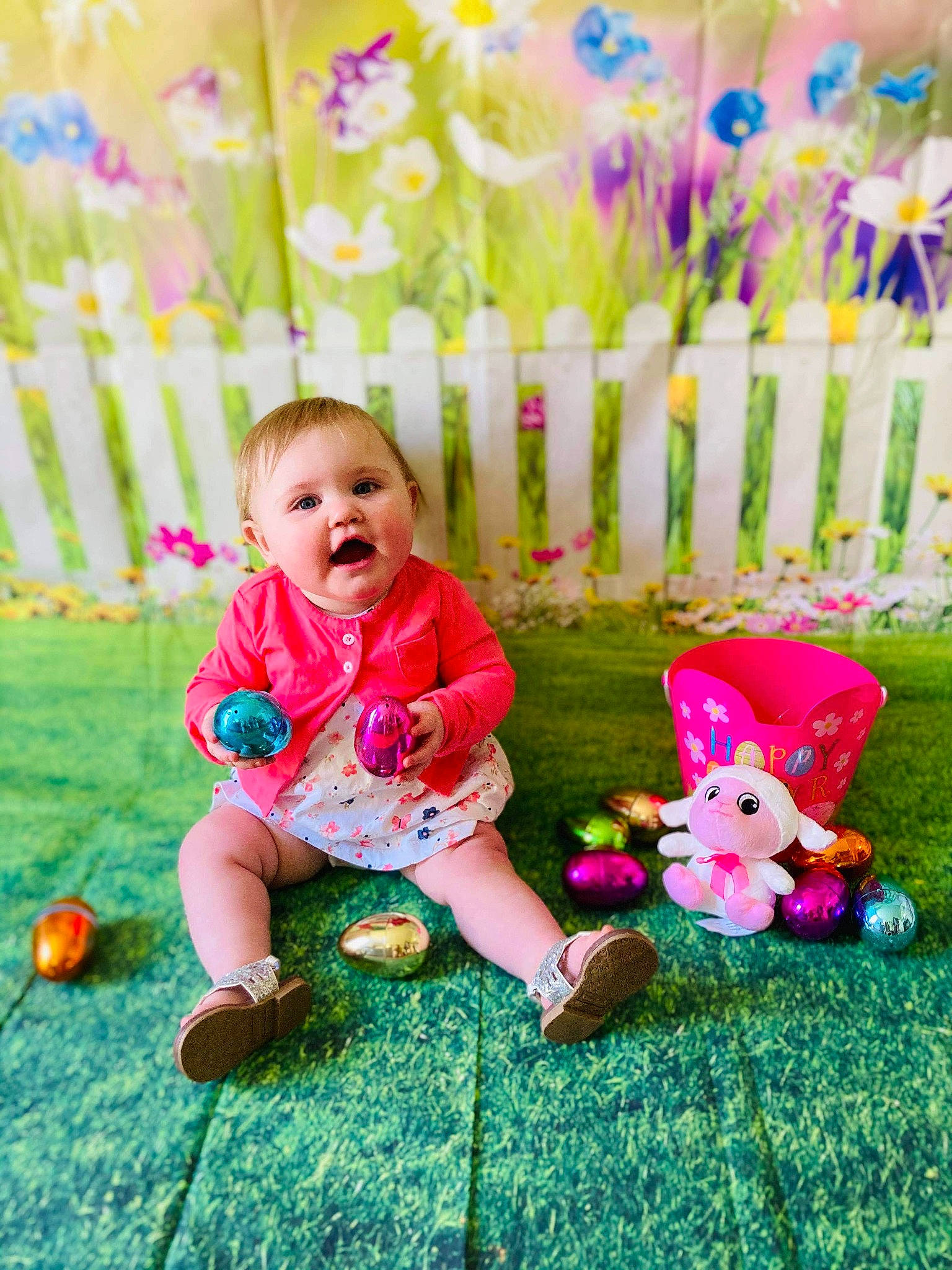 Amelia is registered to the contest to win money with this photo: baby, baby_toddler_clothing, child, dress, grass, green, happy, human_body, leg, leisure, magenta, people_in_nature, person, photograph, pink, plant, playing_with_kids, purple, skin, summer