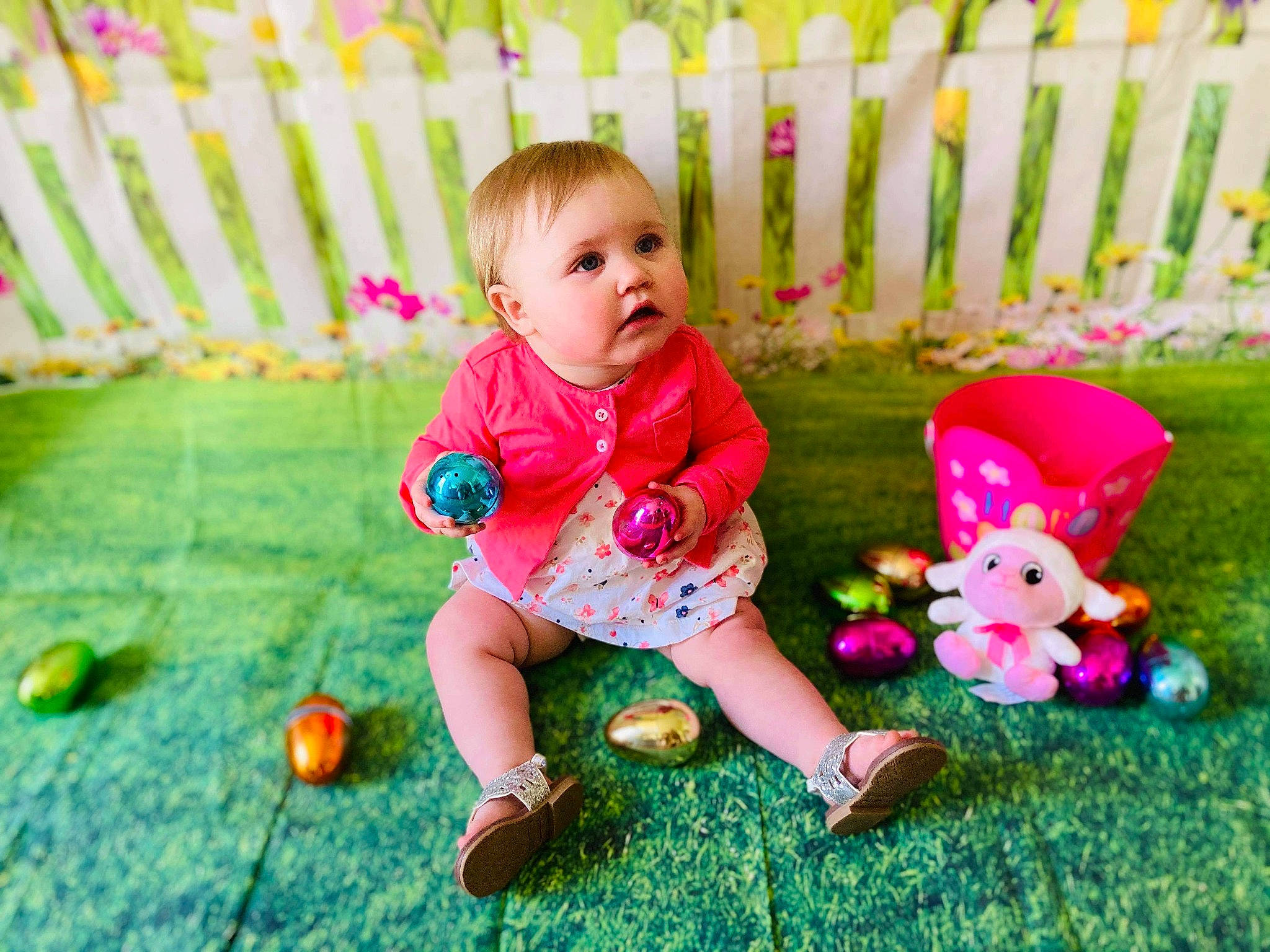 Amelia joined the competition — help win amazing prizes! baby, baby_toddler_clothing, eye, facial_expression, grass, green, happy, head, leaf, leg, leisure, mammal, people_in_nature, person, pink, plant, playing_with_kids, shoe, skin, toddler