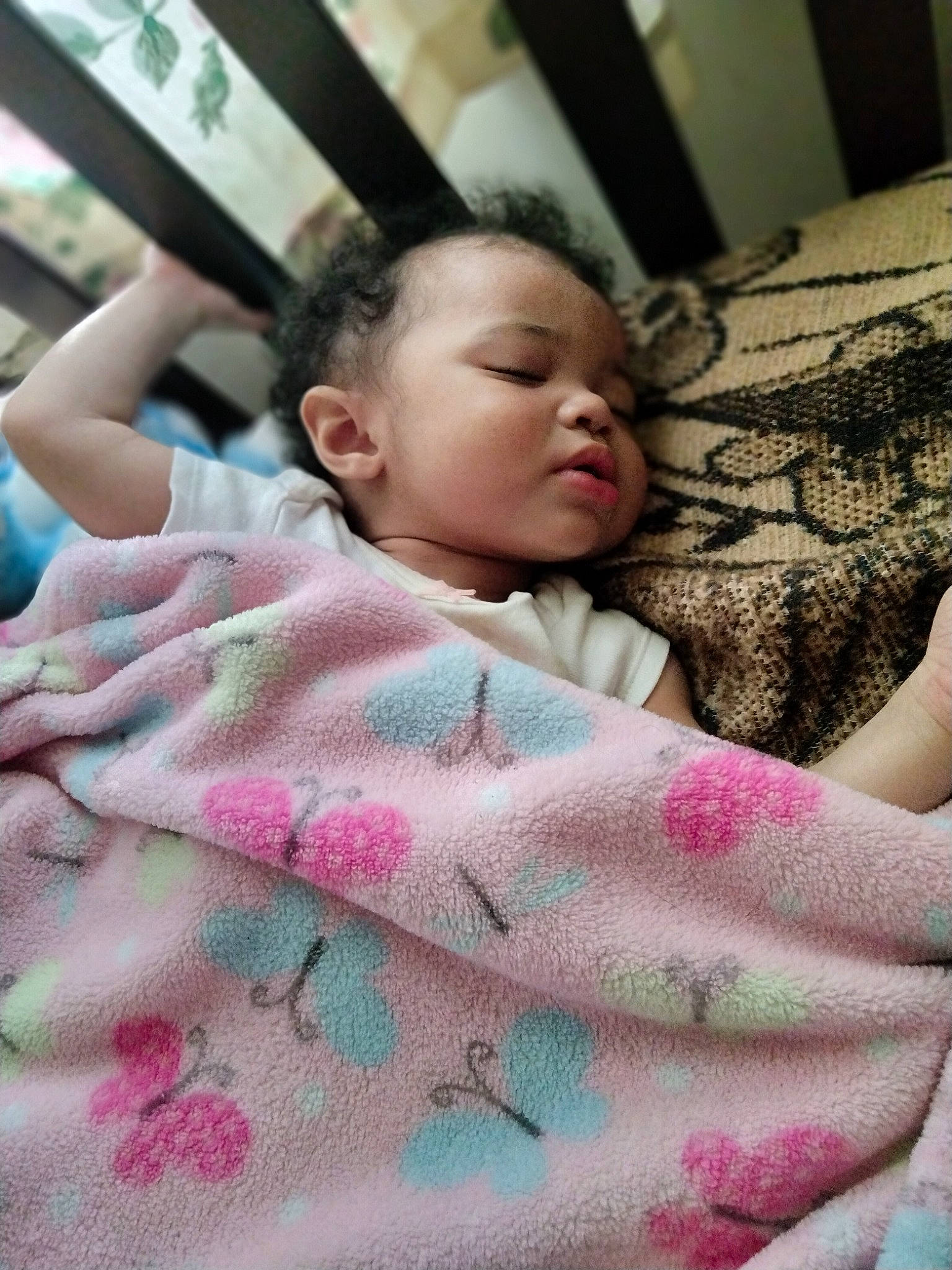 Kamiah joined the competition — help win amazing prizes! bedding, child, comfort, facial_expression, fashion, fur, happy, human, joint, linens, mammal, pattern, person, pink, shoulder, skin, sleeve, t_shirt, textile, toddler