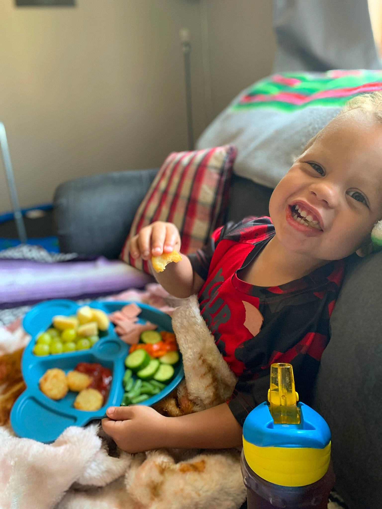 Noah joined the competition — help win amazing prizes! baby, baby_toys, blue, child, comfort_food, event, fun, happy, holiday, people, person, plaid, plastic_bottle, play, product, room, smile, stuffed_toy, toddler, toy