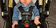 Gemma joined the competition — help win amazing prizes! baby, black_pants, blue_eyes, boots, bow, car_seat, child, clothing, cute, denim_jacket, face, headband, indoor, infant, looking_at_camera, person, safety_harness, seat, sitting, straps