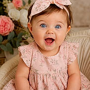 Nova is registered to the contest to win money with this photo: baby, child, smiling, blue_eyes, pink_dress, headband, bow, sitting, chair, floral_pattern, happy, portrait, cute, infant, indoors, soft_lighting, closeup, flower, decor, person