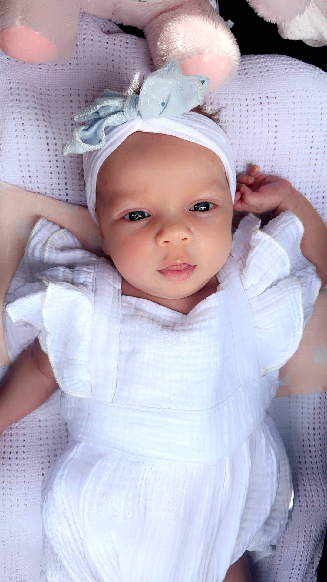 Star joined the competition — help win amazing prizes! adorable, baby, baby_girl, blanket, child, cute, eyes, face, headband, indoors, infant, lying_down, newborn, peaceful, plush_toy, portrait, skin, soft_texture, white_clothing, young_child
