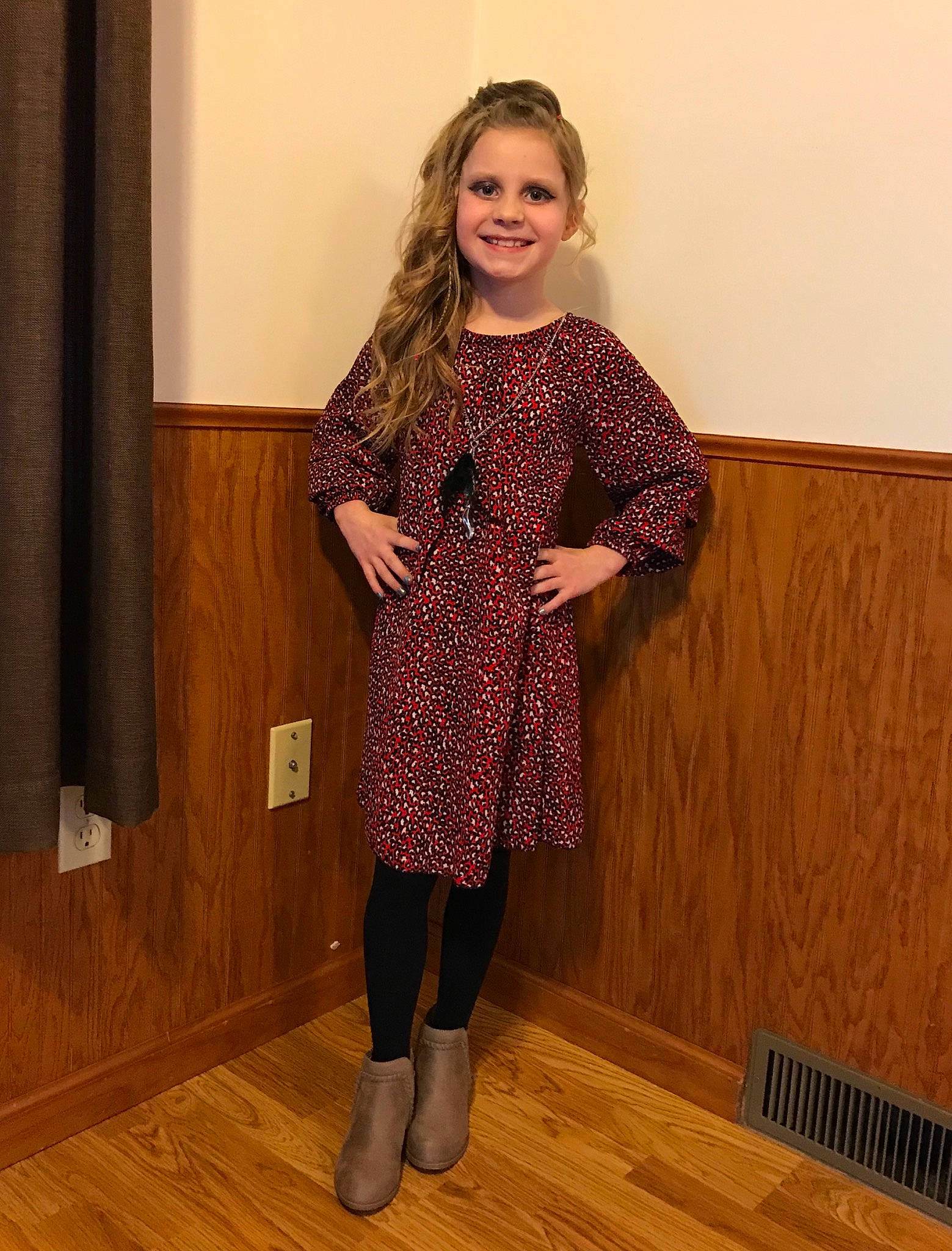 Kaylen joined the competition — help win amazing prizes! boot, clothing, costume, dress, fawn, footwear, joy, knee, long_hair, outerwear, person, riding_boot, sleeve, tights