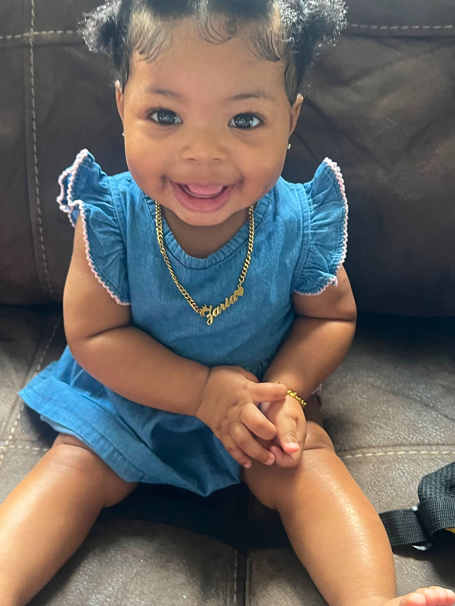 Zaria joined the competition — help win amazing prizes! azure, baby_toddler_clothing, black_hair, blue, chin, dress, eye, face, flash_photography, hand, happy, head, iris, joy, lip, neck, person, skin, sleeve, smile