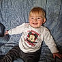 baby, child, smiling, sitting, mickey_mouse, white_sweater, blue_blanket, happy, cute, infant, portrait, clothing, soft_texture, indoor, young_child, face, person, casual, comfort, playful