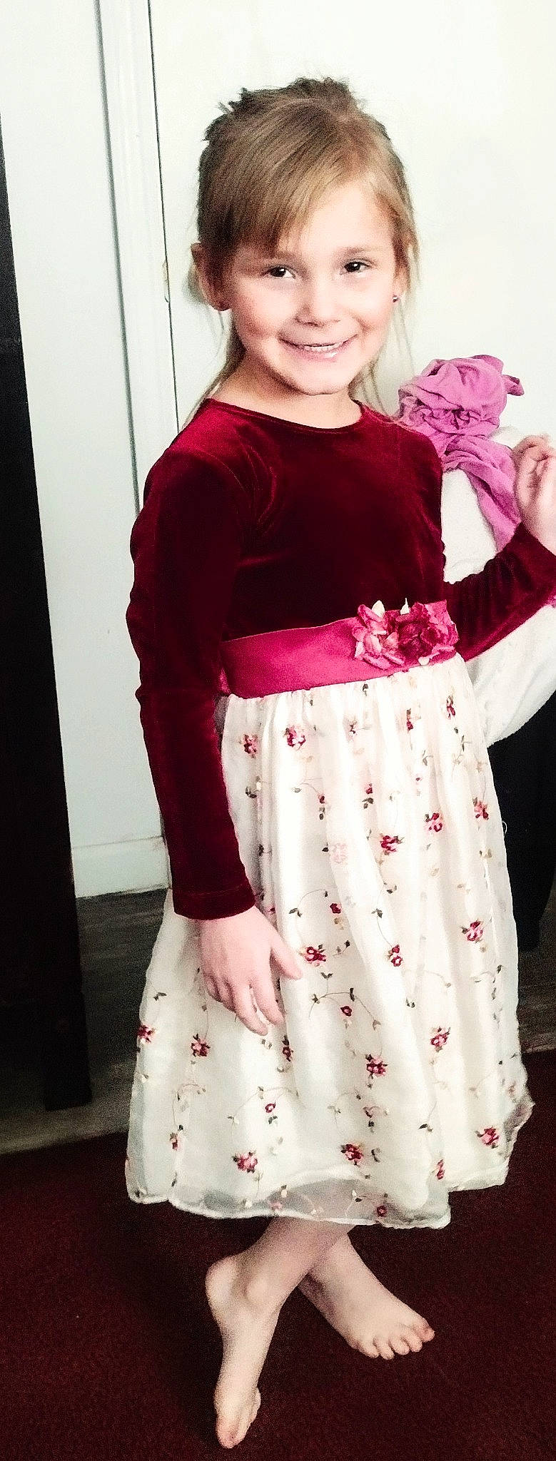 Karson joined the competition — help win amazing prizes! day_dress, dress, fashion_design, formal_wear, happy, joint, joy, magenta, neck, one_piece_garment, outerwear, person, photograph, pink, purple, red, shoulder, sleeve, smile, standing