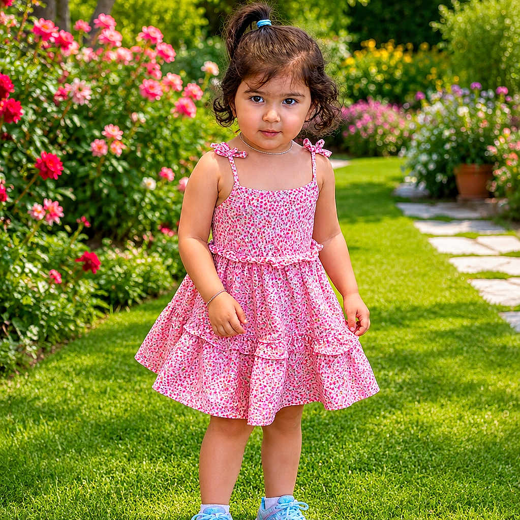 Siya joined the competition — help win amazing prizes! child, girl, toddler, portrait, garden, outdoor, flowers, pink_dress, sneakers, lawn, grass, smiling, standing, person, long_hair, ponytail, sunlight, hedges, pathway, colorful