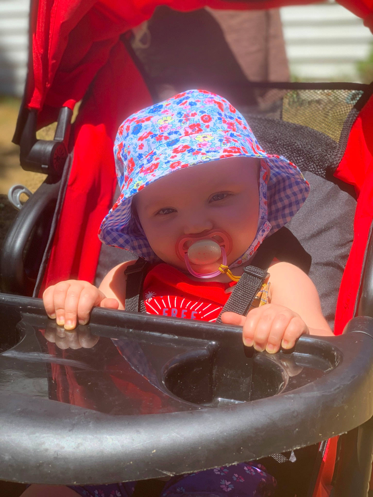 Samantha joined the competition — help win amazing prizes! baby, baby_carriage, baby_products, baby_safety, baby_toddler_clothing, cap, child, fashion_accessory, fun, hat, headwear, helmet, mouth, orange, person, personal_protective_equipment, product, sitting, skin, sunglasses