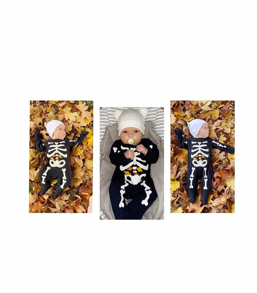 Aurora joined the competition — help win amazing prizes! baby, infant, skeleton_costume, black_clothing, white_hat, pacifier, autumn_leaves, fall, outdoor, baby_seat, cute, child, seasonal, leaf_litter, costume, portrait, laying_down, holiday, funny, baby_boy