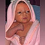 baby, newborn, infant, pink_towel, hooded_towel, wrapped, skin, cute, small_hands, face, eyes, expression, indoors, soft_texture, child, human, portrait, baby_skin, towel, lying_down
