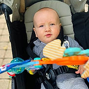 Leo participe au concours pour gagner de l'argent avec cette photo : baby, stroller, toy, child, infant, seatbelt, outdoor, pavement, clothing, gray, blue, orange, playful, cute, face, person, young, sitting, childrens_toy, casual