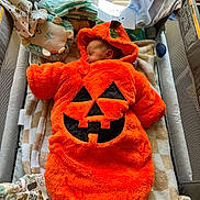 Rowan is registered to the contest to win money with this photo: baby, infant, costume, pumpkin, orange, sleeping, playpen, blanket, plush_toy, soft_toy, window, natural_light, cozy, child, cute, indoors, fabric, head, resting, hood