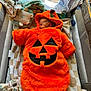 baby, infant, costume, pumpkin, orange, sleeping, playpen, blanket, plush_toy, soft_toy, window, natural_light, cozy, child, cute, indoors, fabric, head, resting, hood