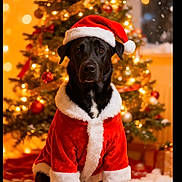 Diesel is registered to the contest to win money with this photo: black_dog, canine, celebration, christmas_hat, christmas_tree, costume, cozy, decorations, dog, festive, holiday_lights, indoors, pet, portrait, red_and_white, santa_costume, seasonal, snow_effect, tree_ornaments, winter