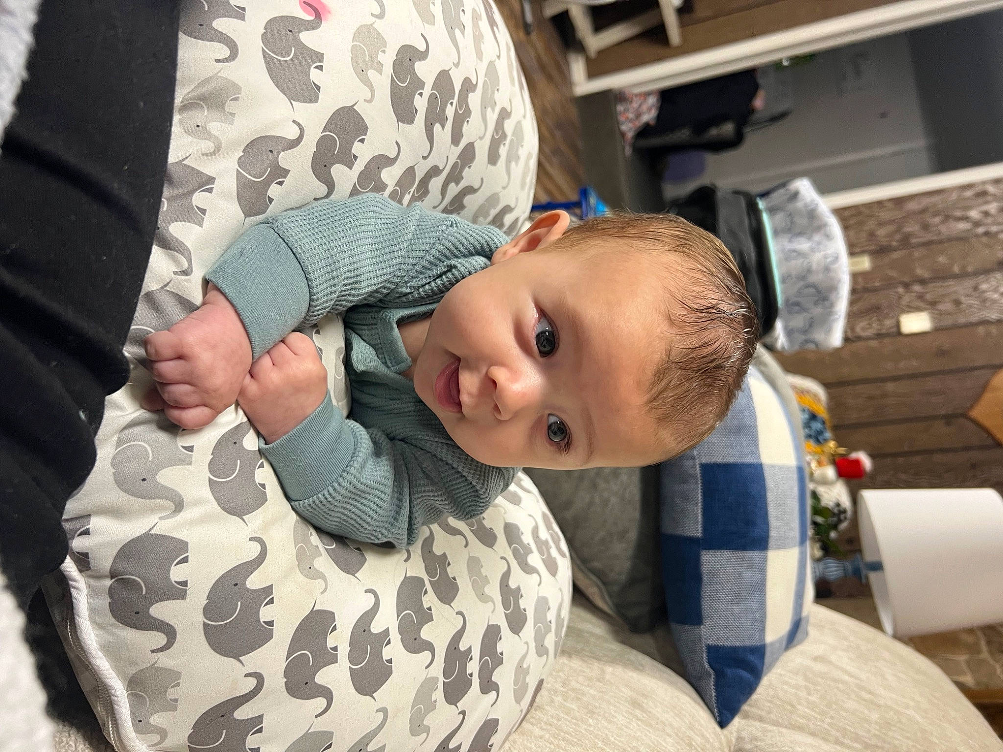 Wayne is registered to the contest to win money with this photo: arm, baby, baby_products, baby_toddler_clothing, child, comfort, gesture, happy, pattern, person, sitting, sleeve, smile, toddler, tree, vacation, wood