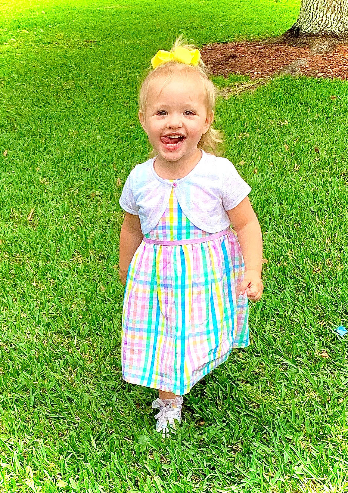 Addy Kay is registered to the contest to win money with this photo: baby_toddler_clothing, botany, day_dress, dress, fun, grass, grassland, green, hairstyle, happy, joy, leaf, one_piece_garment, people_in_nature, person, pink, plaid, plant, sleeve, smile