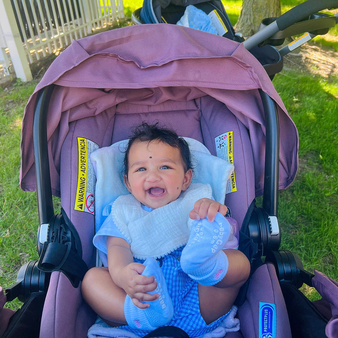 Haanvika is registered to the contest to win money with this photo: baby, baby_carrier, blue_socks, child, clothing, cute, daylight, grass, happy, infant, nature, outdoor, person, playful, purple, seat_belt, smiling, stroller, sunlight, tree