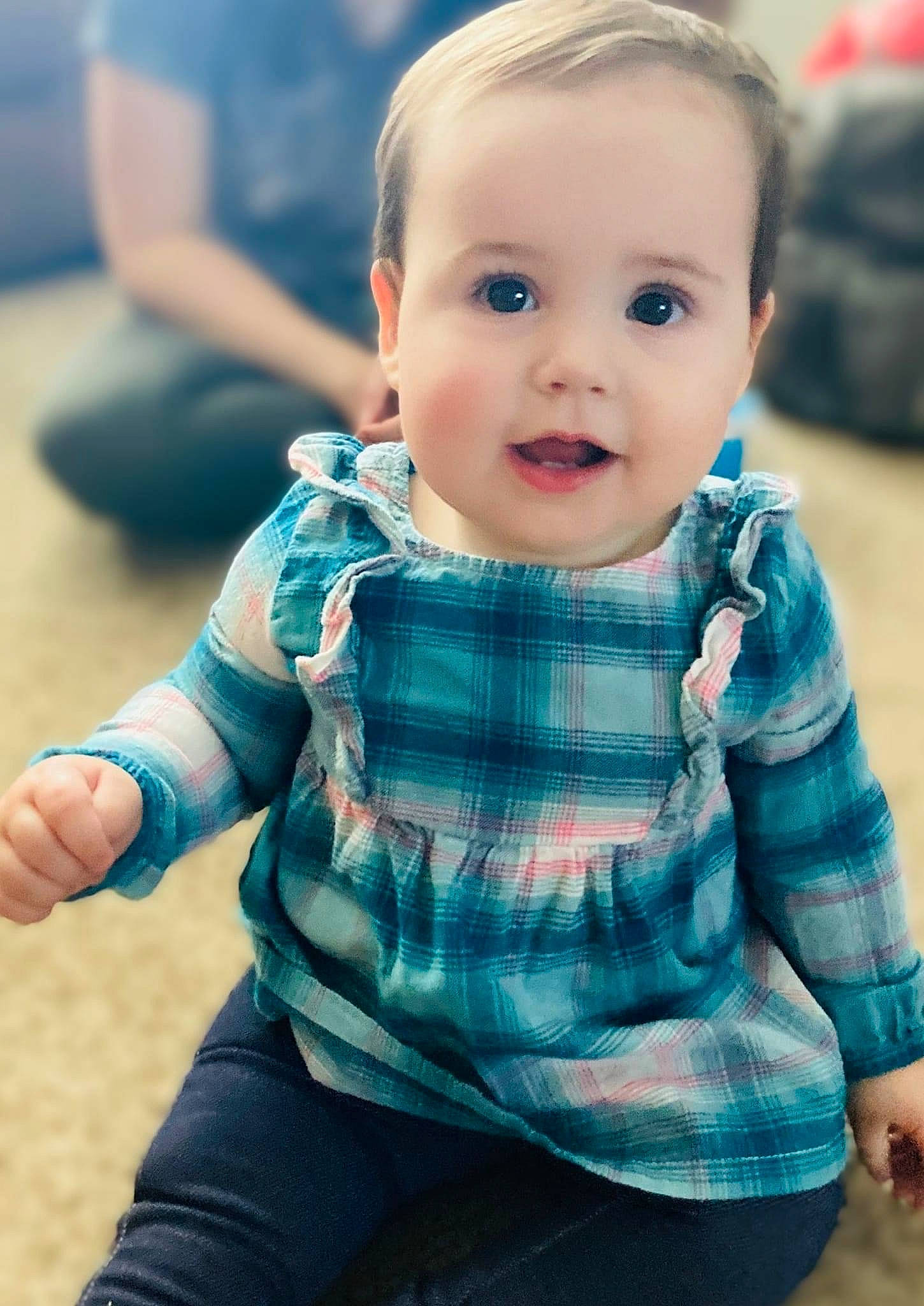 Riley joined the competition — help win amazing prizes! azure, baby_toddler_clothing, blue, cheek, chin, eye, face, finger, flash_photography, hairstyle, happy, head, iris, lip, nose, person, shoulder, skin, sleeve, smile