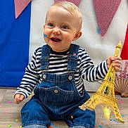 Ewen a rejoint le concours — aidez-le/la à gagner de superbes lots ! toddler, child, denim_overalls, striped_shirt, confetti, floor, toy, eiffel_tower, smiling, blue_eyes, pink_banners, glitter, celebration, indoor, cute, happy, portrait, sitting, barefoot, festive