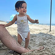 Akira joined the competition — help win amazing prizes! child, baby, beach, sand, sunny, ocean, summer, toddler, barefoot, white_clothing, umbrella, adult_leg, outdoor, sky, playful, vacation, portrait, daytime, cute, happy