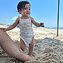 child, baby, beach, sand, sunny, ocean, summer, toddler, barefoot, white_clothing, umbrella, adult_leg, outdoor, sky, playful, vacation, portrait, daytime, cute, happy