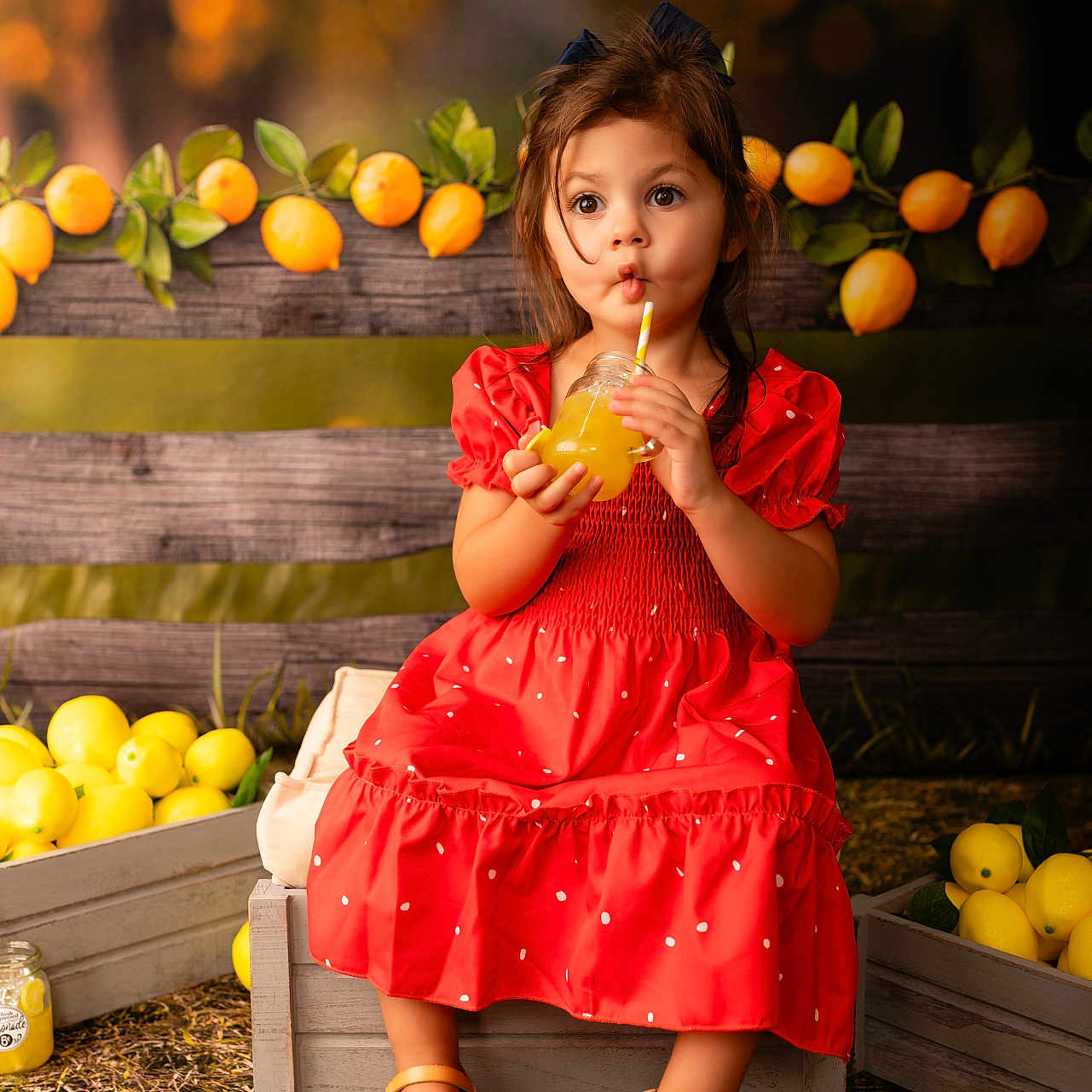 Laney joined the competition — help win amazing prizes! box, can, child, citrusfruit, clothing, eating, face, female, food, footwear, fruit, girl, head, person, photography, plant, produce, sandal, sitting, tin