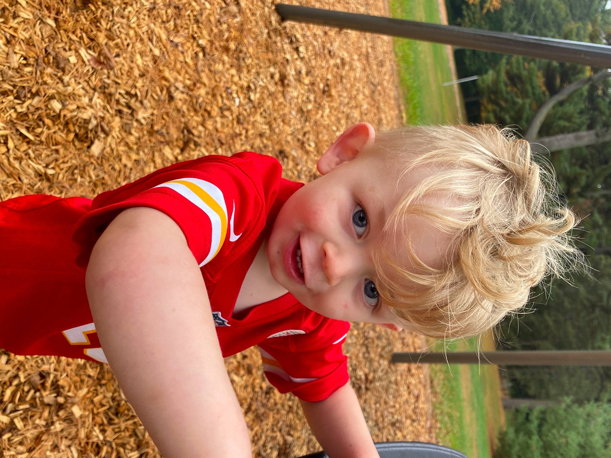 Jayce is registered to the contest to win money with this photo: blond, brown_hair, child, fun, grass, happy, human_leg, knee, leisure, outdoor_play_equipment, people_in_nature, person, plant, recreation, sitting, smile, soil, thigh, toddler, tree