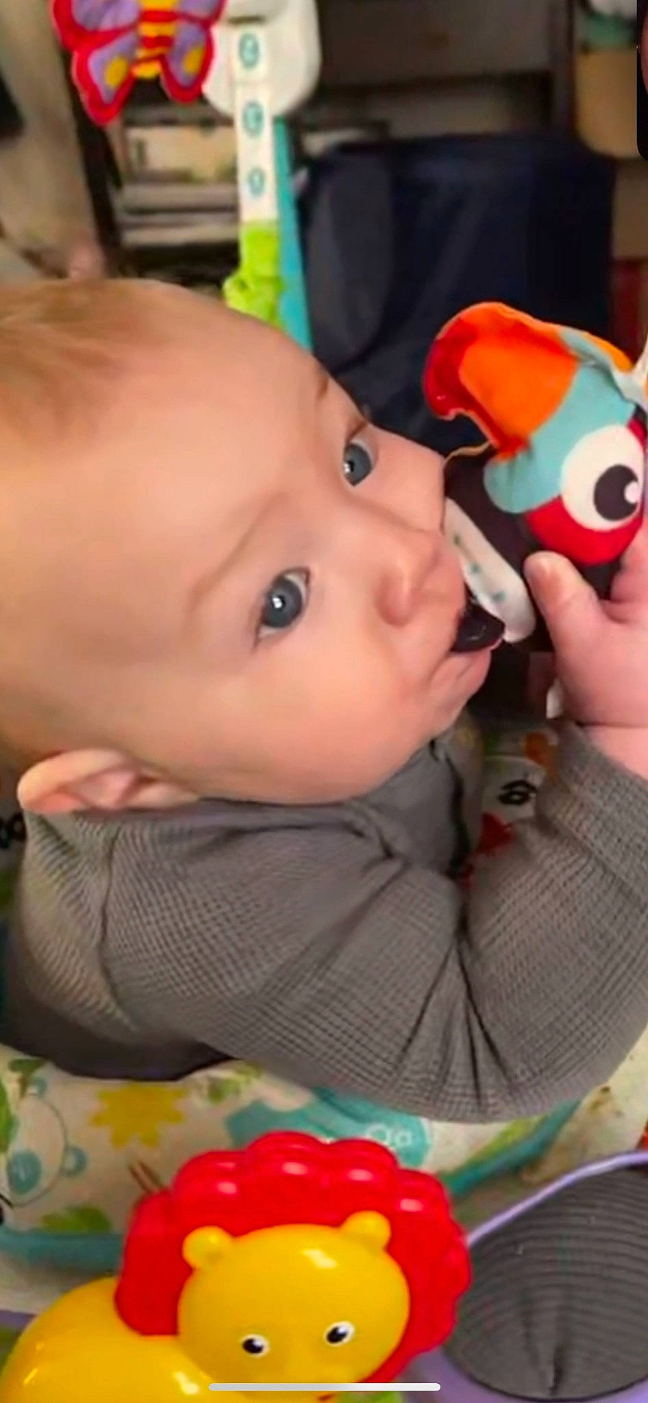 Brodie is registered to the contest to win money with this photo: baby, baby_products, baby_toddler_clothing, cheek, child, facial_expression, fun, green, iris, lip, mouth, nose, organ, person, product, red, skin, snapshot, toddler, toy