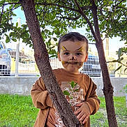 Antoine participe au concours pour gagner de l'argent avec cette photo : child, face_paint, tree, brown_clothing, grass, outdoor, fence, car, young_child, playful, smile, nature, portrait, casual_wear, daylight, curious, person, leaves, standing, expression