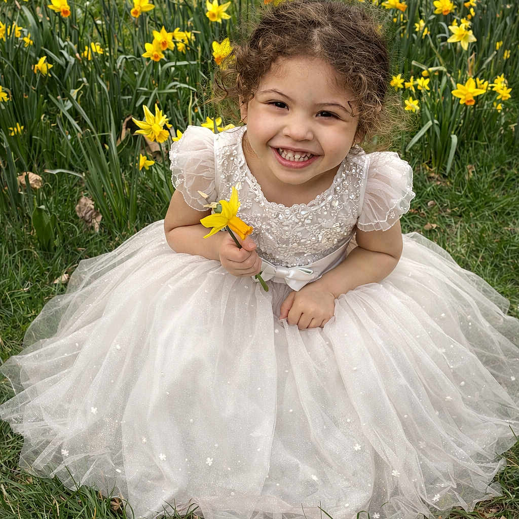 Aicha a rejoint le concours — aidez-le/la à gagner de superbes lots ! child, girl, smile, dress, white_dress, flower, daffodil, grass, spring, outdoor, nature, greenery, happy, curly_hair, portrait, cute, kneeling, flower_garden, young, cheerful