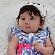 Emma joined the competition — help win amazing prizes! baby, child, girl, headband, dress, blue_stripes, pink_bow, bracelet, white_flower, knitted_blanket, portrait, cute, indoors, soft_lighting, closeup, young_child, sitting, expression, person, adorable