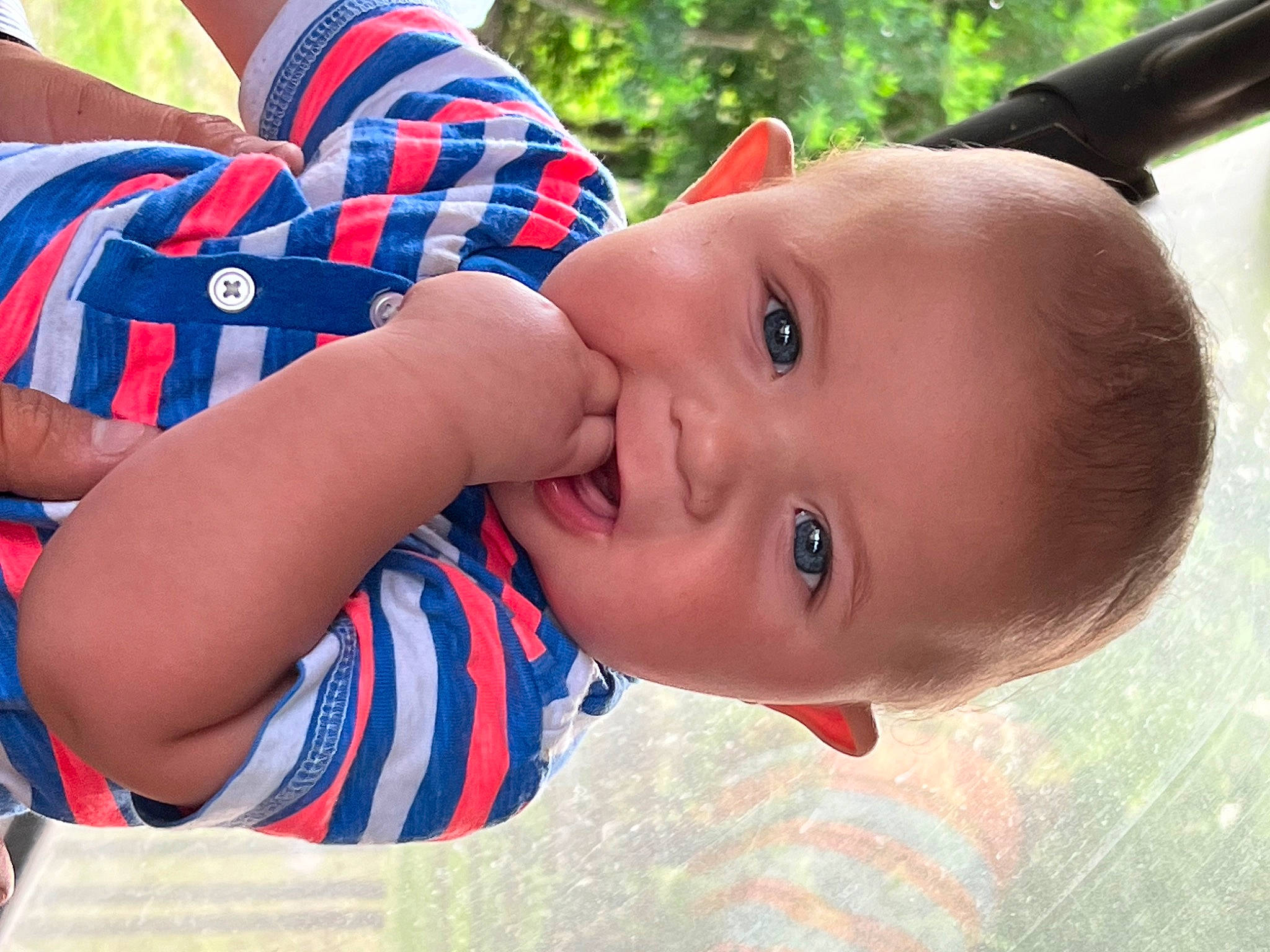 Dawson joined the competition — help win amazing prizes! arm, baby, baby_toddler_clothing, child, clothing, electric_blue, fun, gesture, grass, happy, hat, headgear, leisure, lip, nose, person, plant, skin, smile, toddler