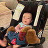 baby, blanket, car_seat, child, clothing, couch, foot, furniture, head, home, indoor, infant, living_room, person, pillow, plush_toy, seat, table, teddy_bear, toy