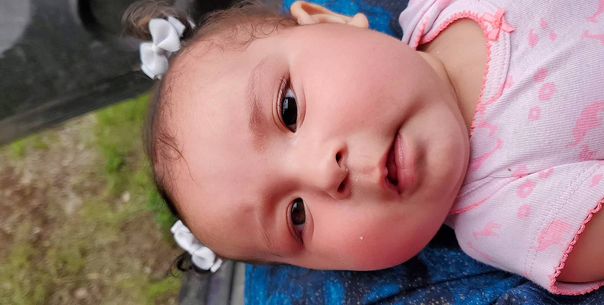 Cedar is registered to the contest to win money with this photo: baby, baby_toddler_clothing, cheek, child, eyebrow, eyelash, fun, grass, hair_accessory, happy, iris, lip, mouth, nose, pattern, person, plant, portrait_photography, skin, toddler