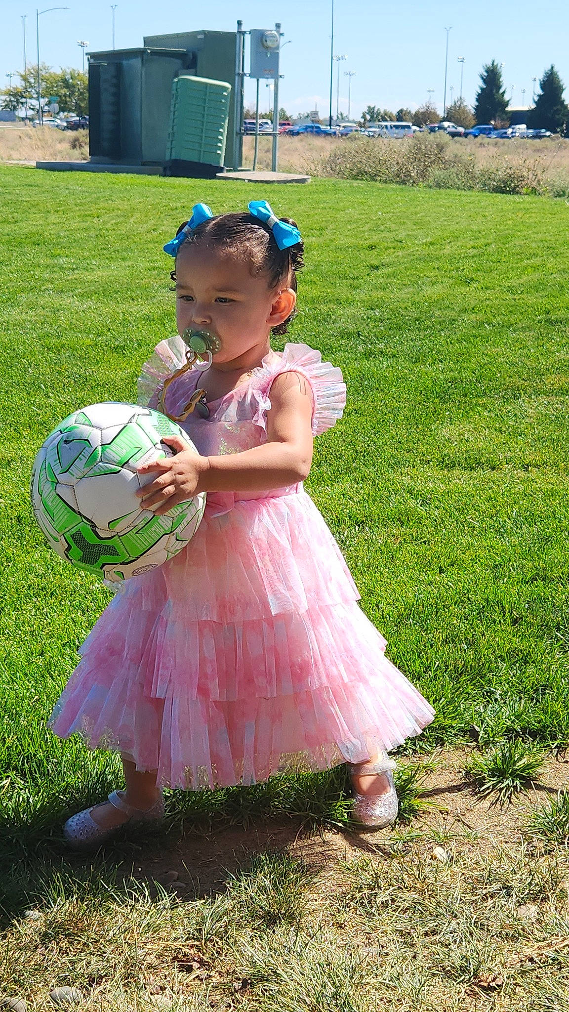 Cedar is registered to the contest to win money with this photo: baby, baby_toddler_clothing, ball, baseball_cap, botany, dress, fun, grass, grass_family, happy, lawn, leisure, people_in_nature, person, pink, plant, recreation, sky, sports_toy, toddler