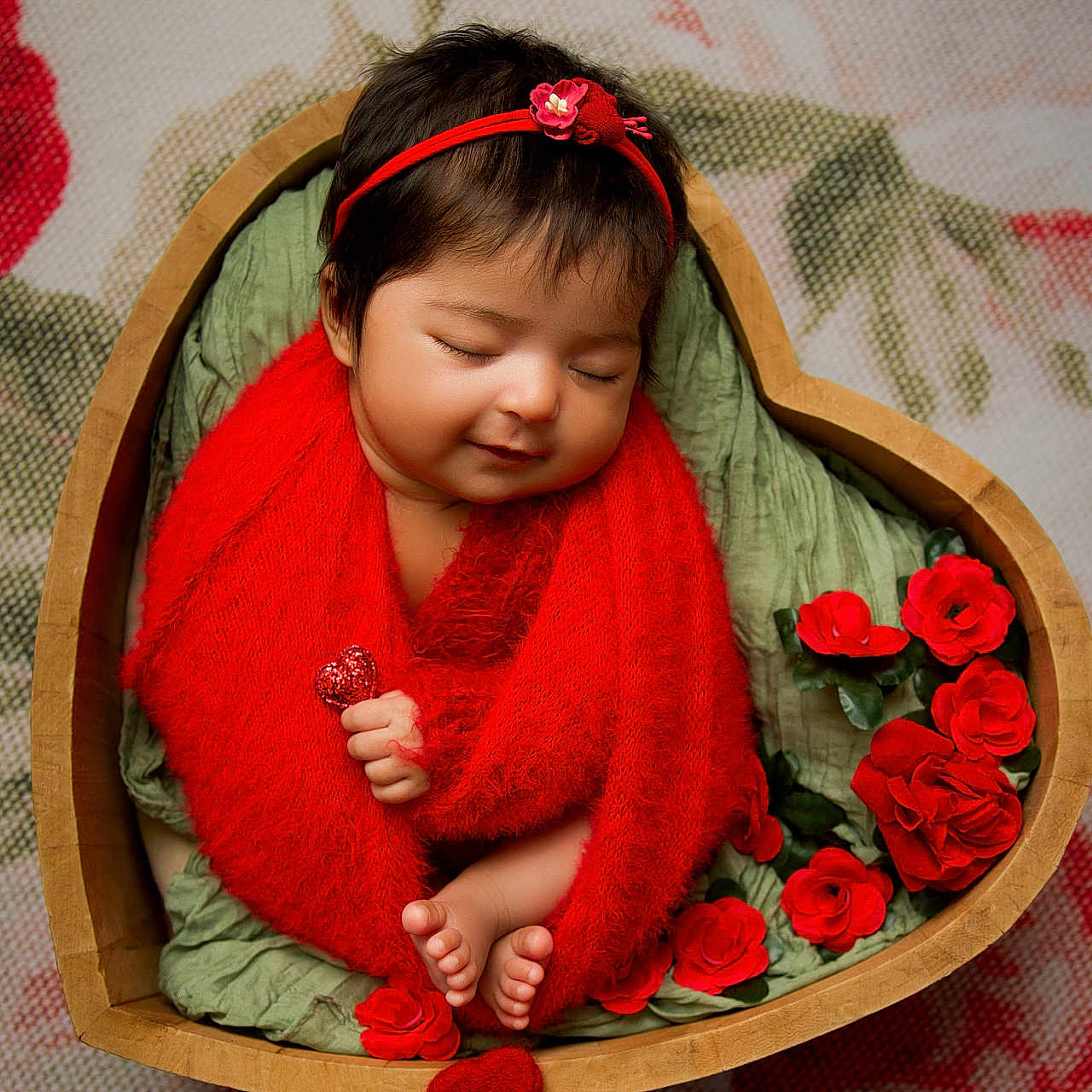 Gurnaaz joined the competition — help win amazing prizes! adorable, baby, closeup, cozy, cute, decorative, flower_arrangement, flowers, headband, heart_shaped_bowl, infant, newborn, peaceful, portrait, red_shawl, roses, sleeping, soft_texture, warm_colors, wrapped