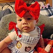Kierra joined the competition — help win amazing prizes! baby, baseball_glove, blue_dress, child, clothing, cozy, cushion, cute, expression, face, headband, indoors, infant, plush_blanket, portrait, red_bow, red_buttons, seated, soft_blanket, white_shirt