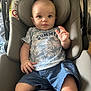 baby, child, car_seat, clothing, shirt, shorts, person, infant, seat_belt, indoor, cute, young, face, head, skin, hand, expression, summer, comfort, sitting