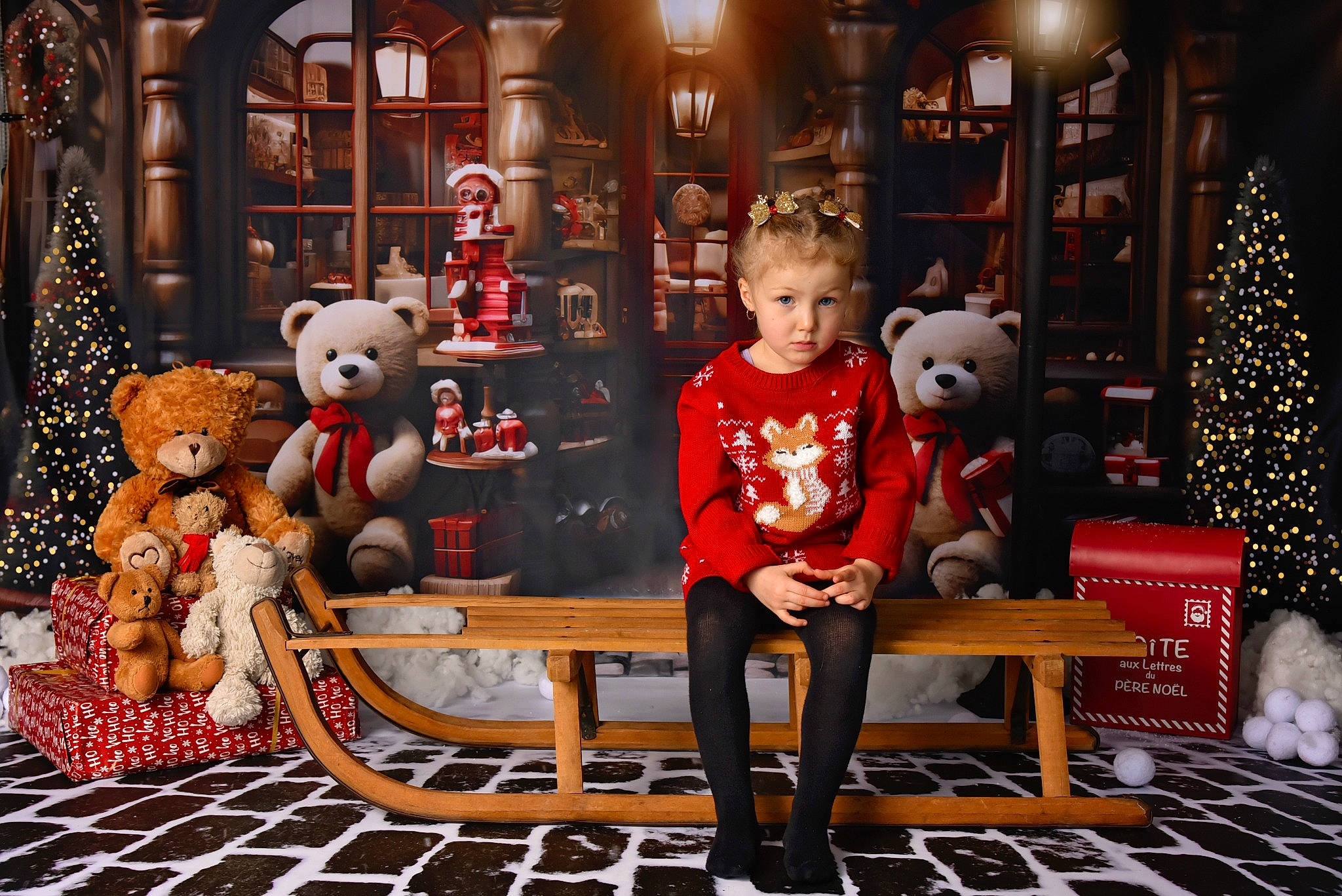 Lya participe au concours pour gagner de l'argent avec cette photo : child, christmas_eve, christmas_tree, event, fawn, flooring, fun, fur, happy, holiday, interior_design, leisure, lighting, person, public_space, room, sitting, toddler, toy, tree