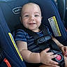 Leon is registered to the contest to win money with this photo: baby, baby_hand, blue_clothing, car, car_seat, child, cute, happy, harness, infant, infant_seat, person, safety, seat, seatbelt, sitting, smile, striped_shirt, vehicle_interior, young_child
