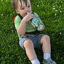 bottle, cartoon, child, cute, daylight, dinosaur, fun, grass, green_shirt, grey_shorts, happy, nature, outdoor, playing, sitting, sneakers, summer, toddler, wet_hair, white_socks