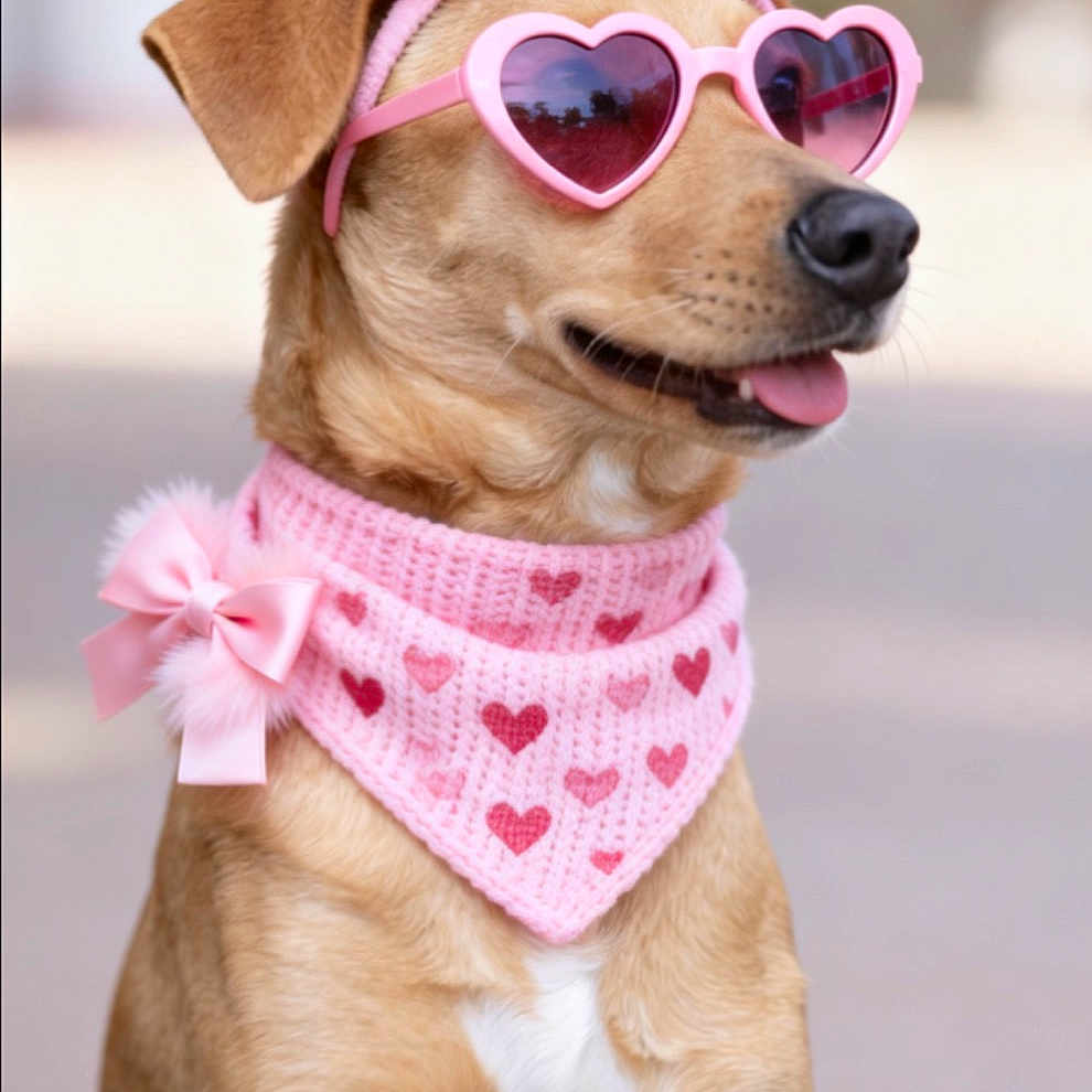 Sibelle a rejoint le concours — aidez-le/la à gagner de superbes lots ! accessory, adorable, animal, bow, canine, close_up, cute, dog, fashion, fluffy, happy, heart_shaped, outdoor, pet, pink, portrait, scarf, stylish, sunglasses, tongue_out