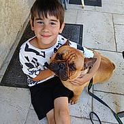 One Bcbg participe au concours pour gagner de l'argent avec cette photo : black_shorts, boy, candid, child, companion, daylight, dog, french_bulldog, friendship, happy, hugging, leash, mat, outdoor, pet, portrait, short_hair, smiling, tiles, white_shirt
