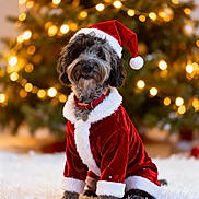 Stella joined the competition — help win amazing prizes! bokeh, christmas_lights, christmas_tree, collar, cute, dog, festive, fluffy, fur, holiday, indoor, pet, portrait, puppy, red, rug, santa_costume, santa_hat, seasonal, white