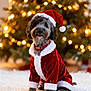 bokeh, christmas_lights, christmas_tree, collar, cute, dog, festive, fluffy, fur, holiday, indoor, pet, portrait, puppy, red, rug, santa_costume, santa_hat, seasonal, white