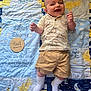 Elijah joined the competition — help win amazing prizes! baby, smiling, infant, clothing, shorts, socks, elephant_print, quilt, stars, moon, clouds, happy, lying_down, child, cute, fabric, pattern, soft, background, face