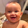 baby, smile, face, child, happy, cute, infant, portrait, skin, eyes, mouth, expression, cheerful, young, head, indoors, person, closeup, joy, bare_shoulders