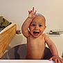 baby, bathroom, bathtub, child, cute, expression, face, hand, happy, infant, joyful, naked, playful, pose, portrait, skin, towel, water, young, smile